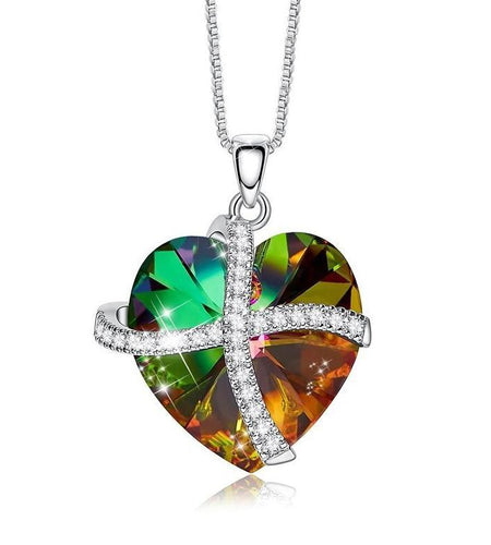 Crystals Rainbow Pave Heart Ribbon  Necklace